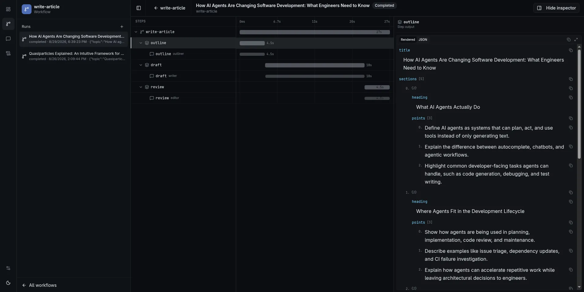 A workflow run's waterfall of steps in the ADL inspection UI, with a step's output selected in the inspector panel